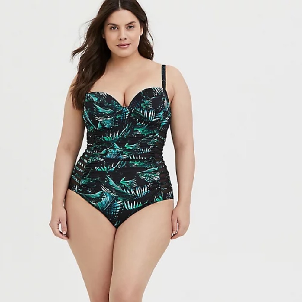 Torrid Black & Green Palm Push-Up Underwire One-Piece Swimsuit 2-D/DD